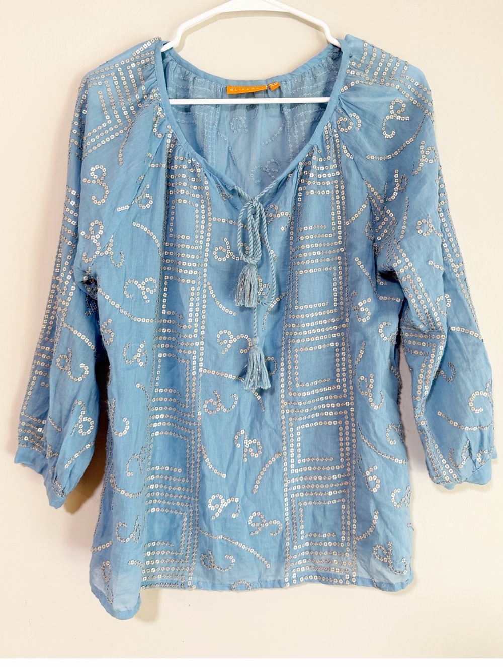 Oliphant sequin peasant blouse blue size extra small